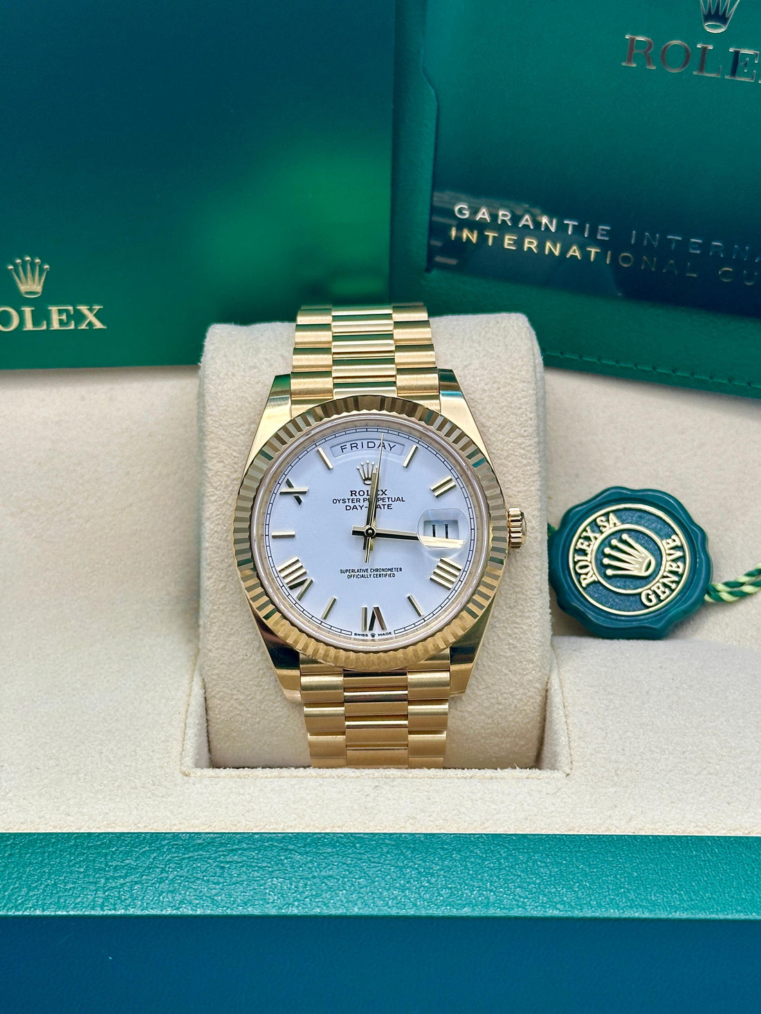 Rolex Yellow Gold Day-Date 40 Watch - Fluted Bezel - White Bevelled Roman Dial - President Bracelet - 228238 wrp