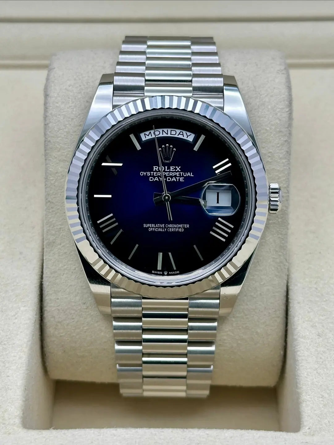 Rolex Day-Date 40 228236, 2024, blue ombre dial, President bracelet