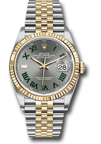 Rolex Yellow Rolesor Datejust 36 Watch - Fluted Bezel - Slate Roman Dial - Jubilee Bracelet - 126233