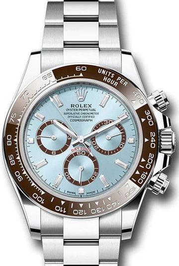 Rolex Platinum  Daytona  - Chestnut Brown Cerachrom Bezel - Ice Blue Baguette Dial - Oyster Bracelet - 126506 icebag