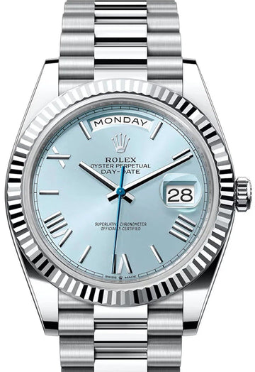 Rolex Day-Date 40 Ice-Blue Roman Dial Dial Fluted Bezel Platinum President Men's Watch 228236