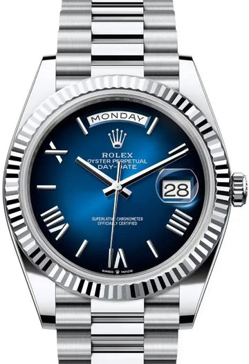 Rolex Day-Date 40 Blue Ombre Dial Dial Fluted Bezel Platinum President Men's Watch 228236