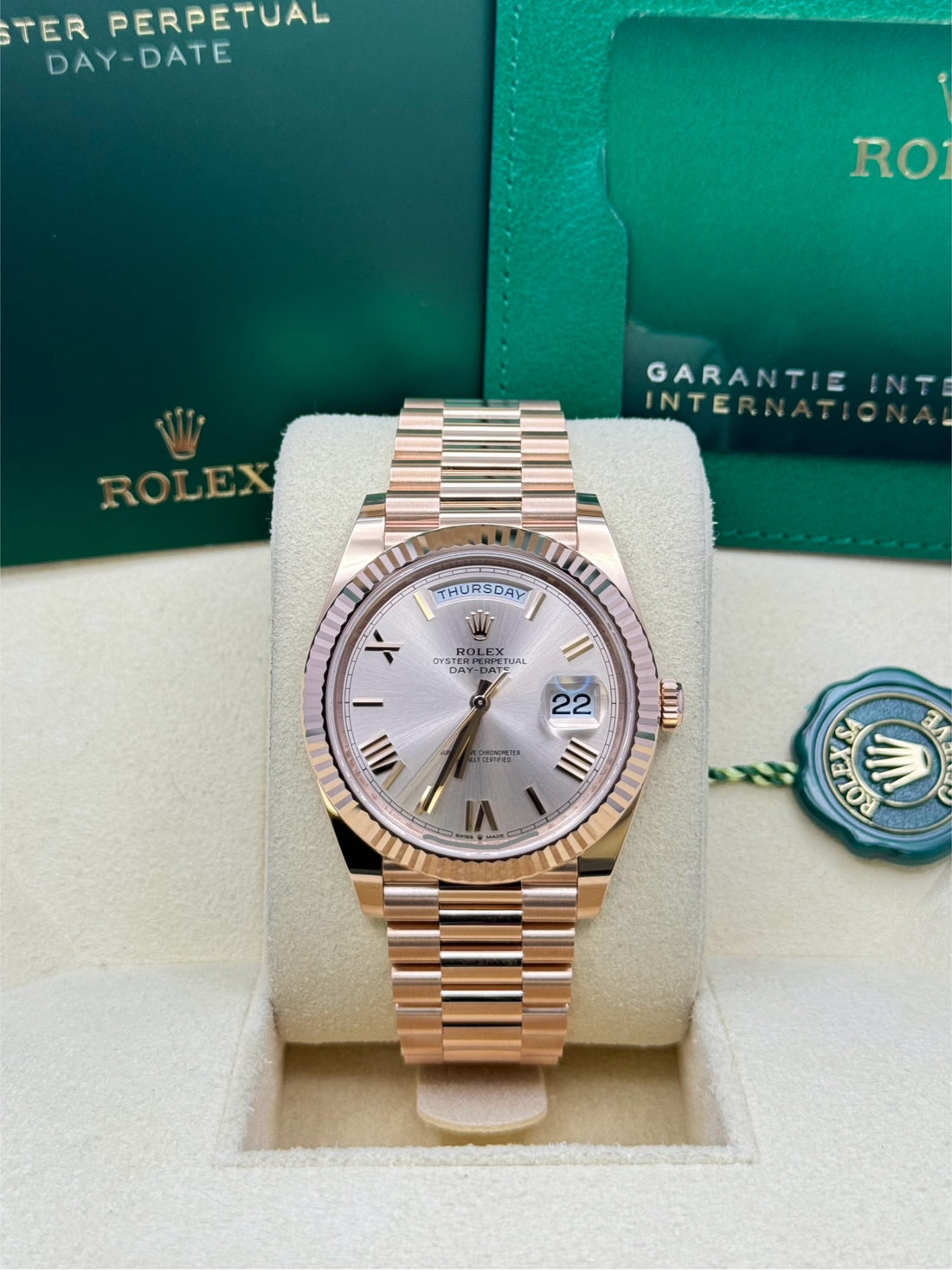 Rolex Everose Gold Day-Date 40 - Sundust Bevelled Roman Dial - President Bracelet - 228235 sdrp