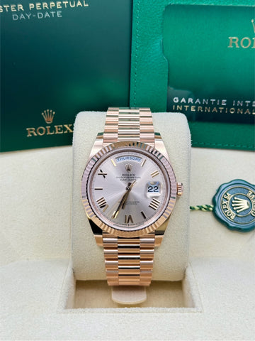 Rolex Everose Gold Day-Date 40 - Sundust Bevelled Roman Dial - President Bracelet - 228235 sdrp