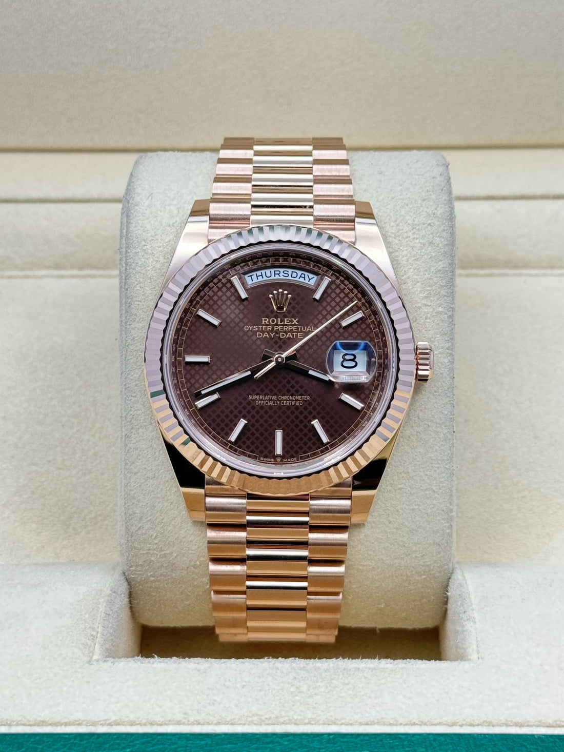 Rolex Day-Date 40 228235, 2024, chocolate diagonal motif index dial, President bracelet
