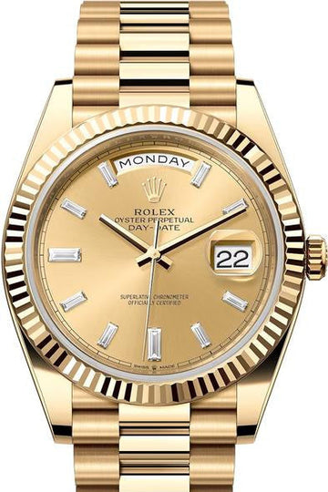 Rolex Yellow Gold Day-Date 40  - Champagne Baguette Diamond Dial - President Bracelet - 228238 chbdp