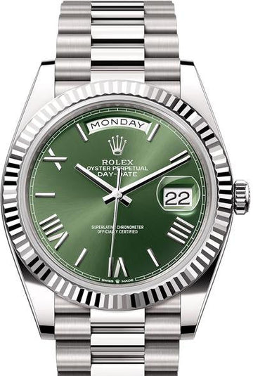 Rolex White Gold Day-Date 40  - Olive Green Bevelled Roman Dial - President Bracelet - 228239 ogrp