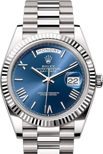 Rolex White Gold Day-Date 40  - Blue Bevelled Roman Dial - President Bracelet - 228239 blrp