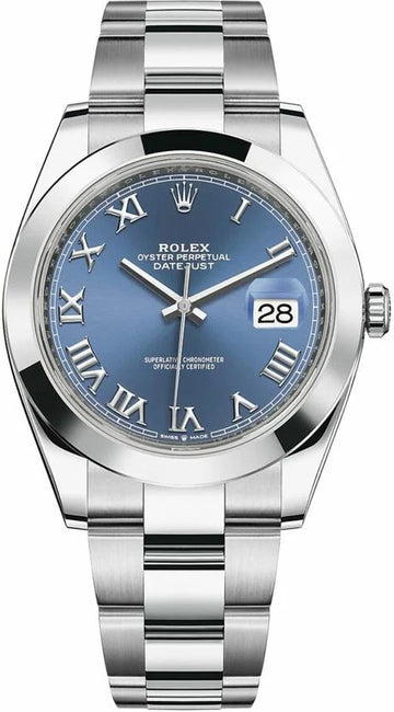 Rolex Steel Datejust 41  - Smooth Bezel - Blue Roman Dial - Oyster Bracelet - 126300