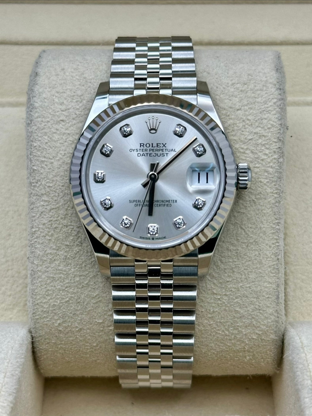 Rolex Datejust 278274, 2025, silver diamonds dial, Jubilee bracelet