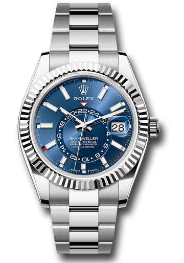 Rolex White Rolesor Sky-Dweller Watch - Fluted Ring Command Bezel - Blue Index Dial - Oyster Bracelet - 336934