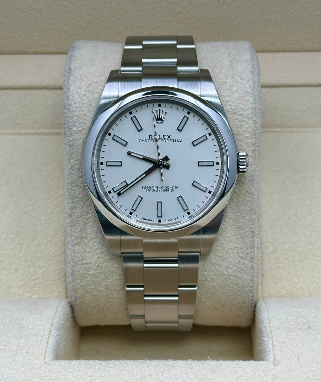 Rolex Oyster Perpetual 114300, 2018, white dial, Oyster bracelet