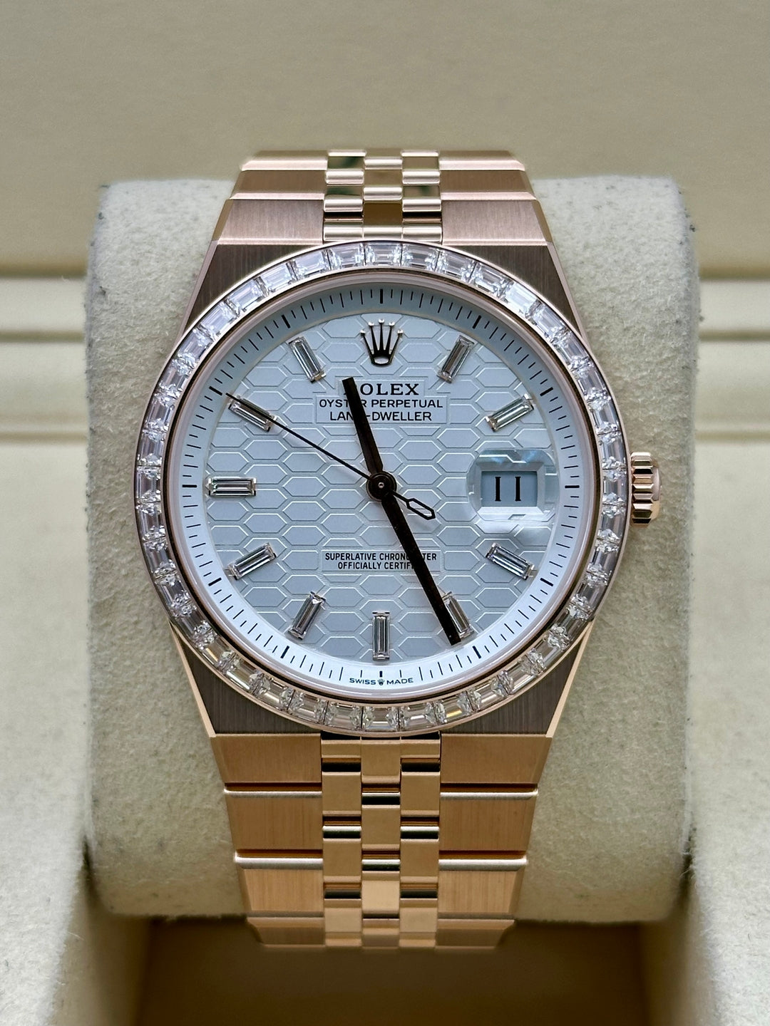 Rolex Land-Dweller 127385TBR, 2026, white honeycomb baguette dial, flat Jubilee bracelet