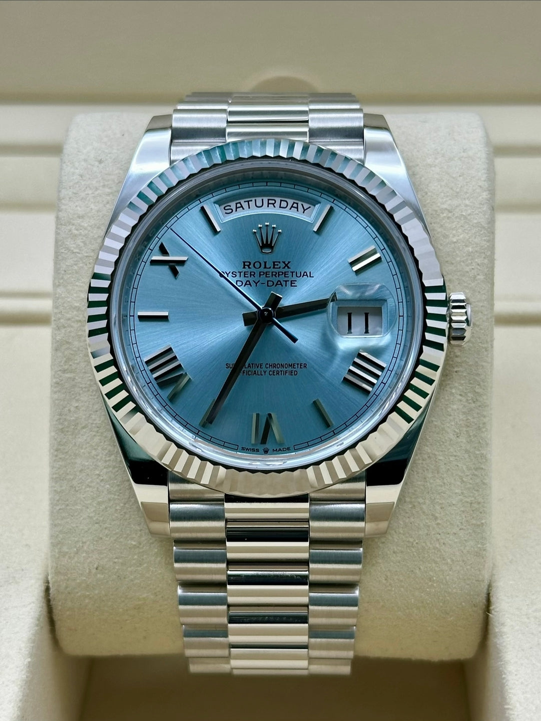 Rolex Day-Date 40 228236, 2024, blue Roman dial, President bracelet