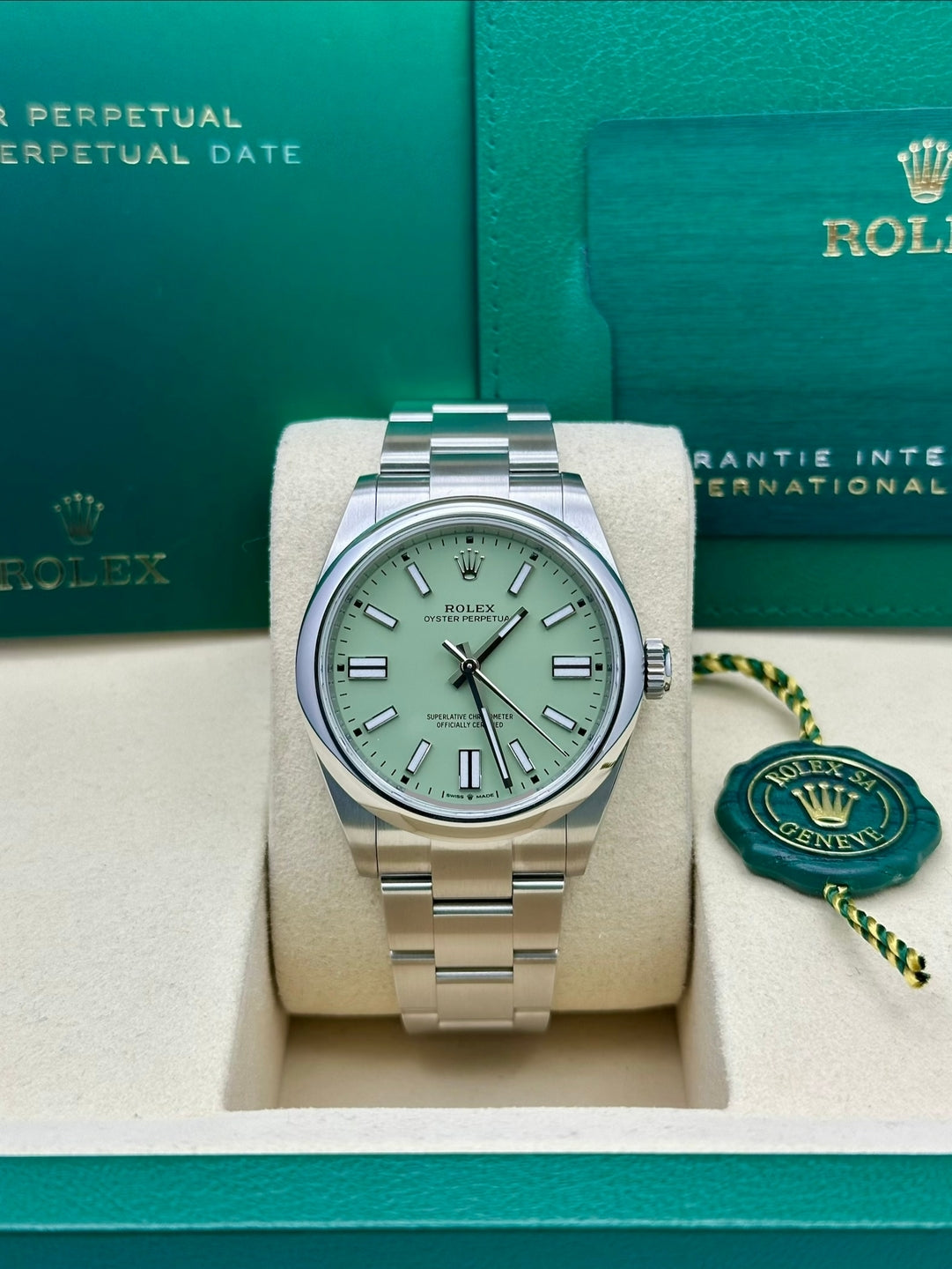 Rolex Oyster Perpetual 134300, 2026, pistachio dial, Oyster bracelet