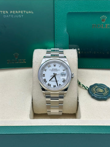 Rolex Datejust 126200 with white Roman dial and Oyster bracelet