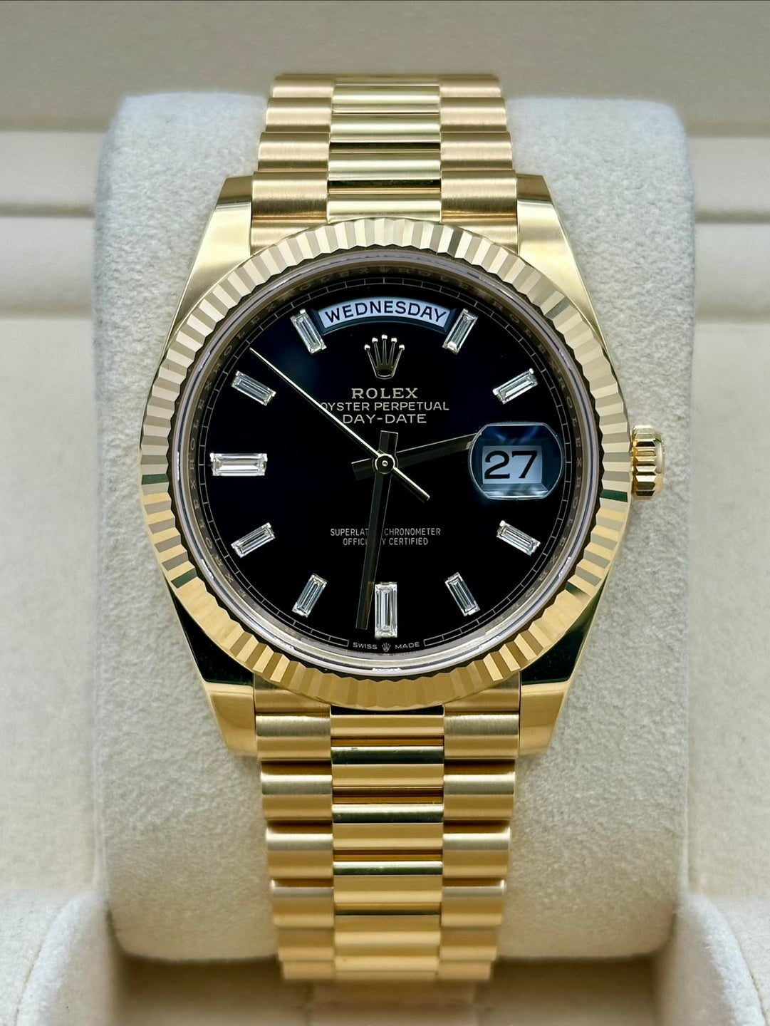 Rolex Day-Date 228238, 2025, black baguette dial, President bracelet