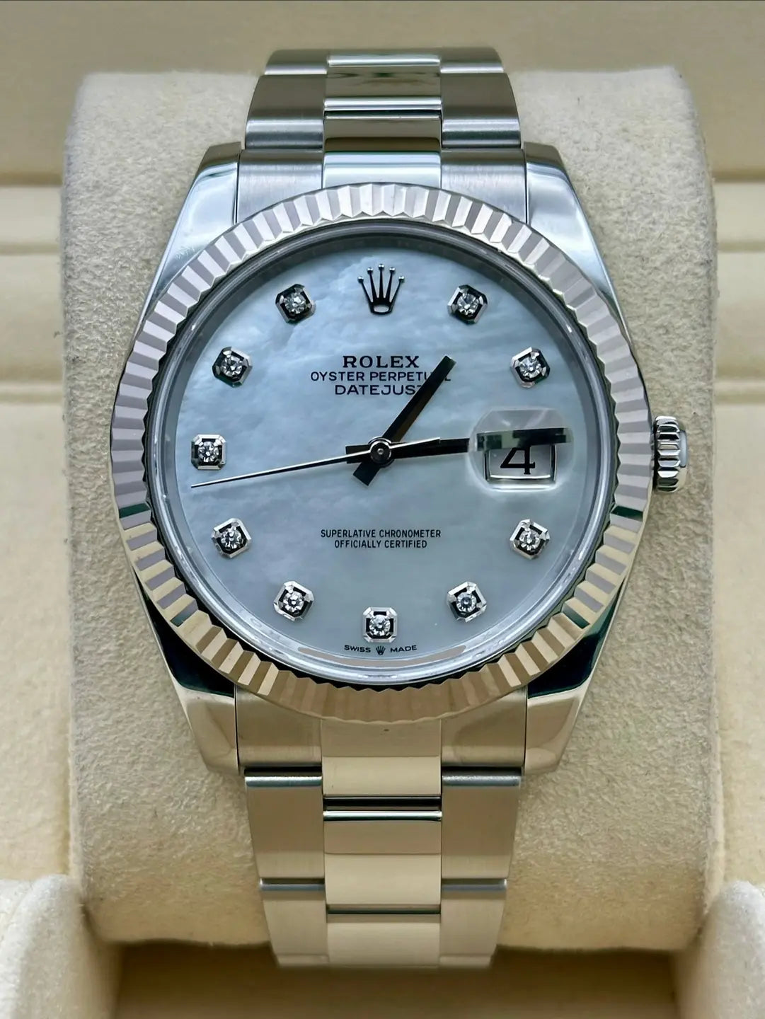 Rolex Datejust 41 126334, 2024, white mother-of-pearl diamond dial, Oyster bracelet