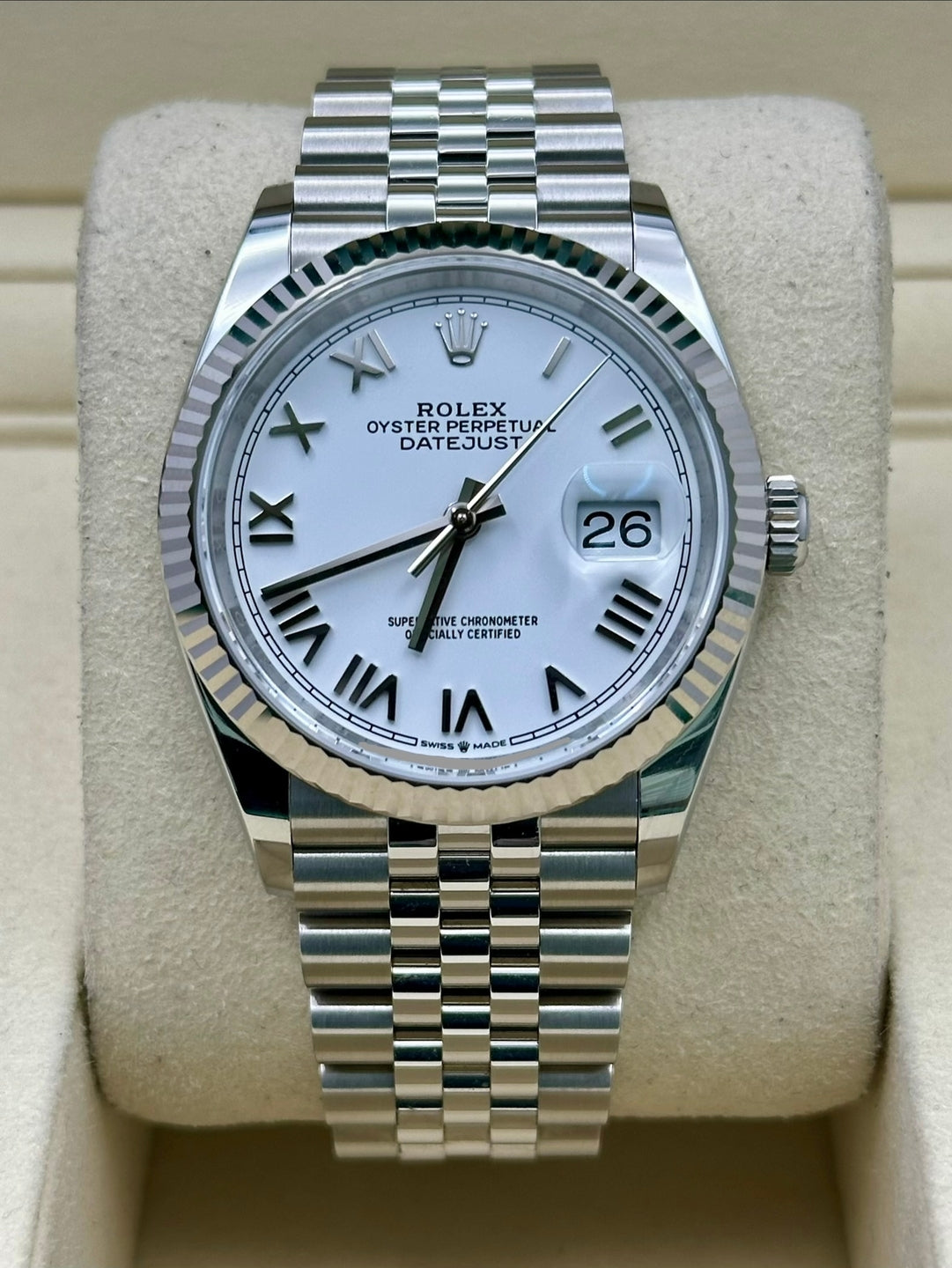 Rolex Datejust 36 126234, 2025, white Roman dial, Jubilee bracelet