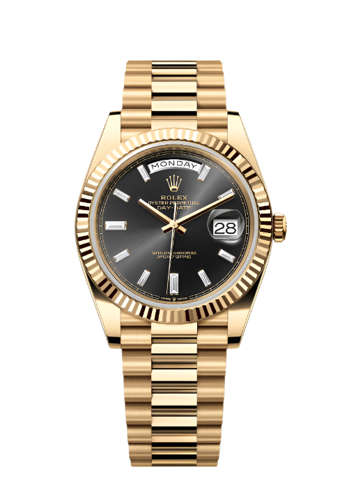 Rolex Yellow Gold Day-Date 40 Watch - Fluted Bezel - Black Baguette Diamond Dial - President Bracelet - 228238 bkbdp