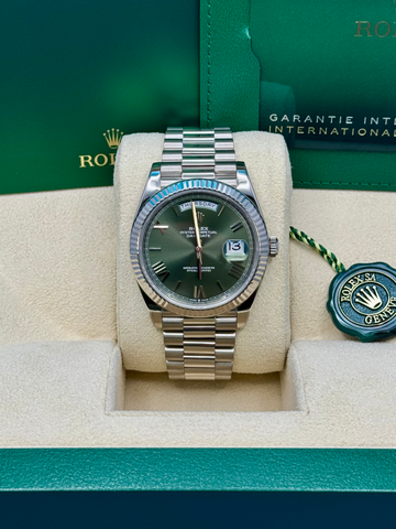 Rolex Day-Date 40 228239, 2024, olive green bevelled Roman dial, President bracelet
