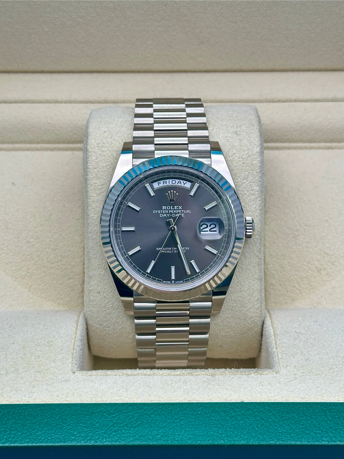 Rolex Day-Date 40 228239, 2024, dark rhodium dial, President bracelet
