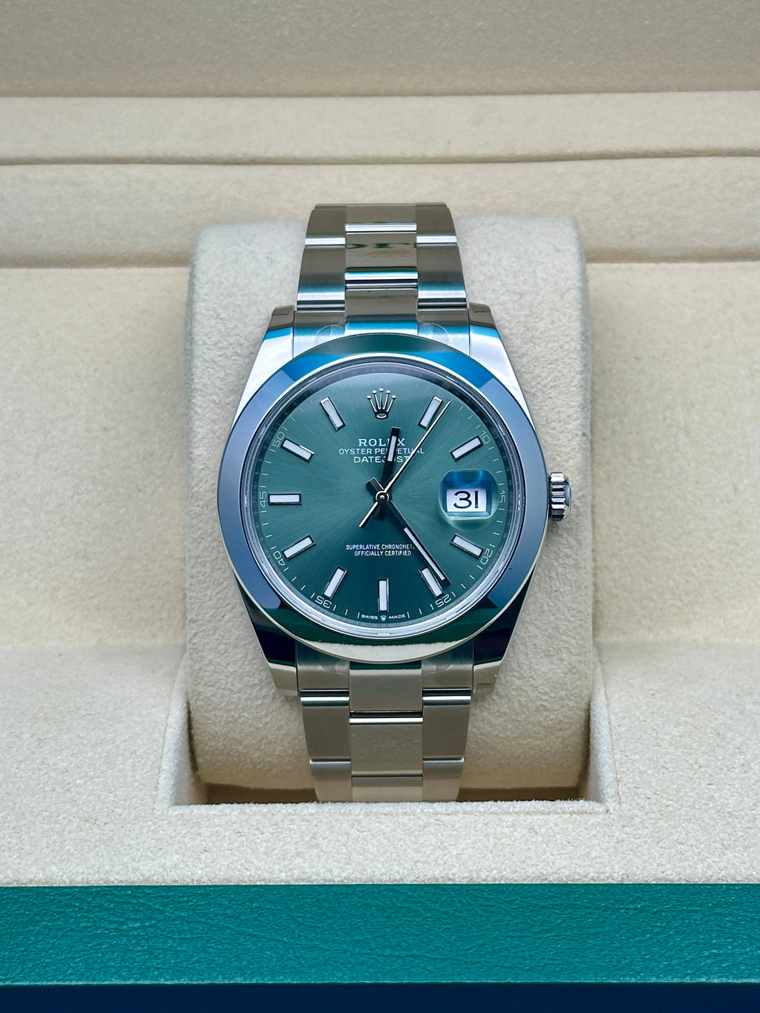 Rolex Datejust 41 126300GOB, 2024, mint green index dial, Oyster bracelet