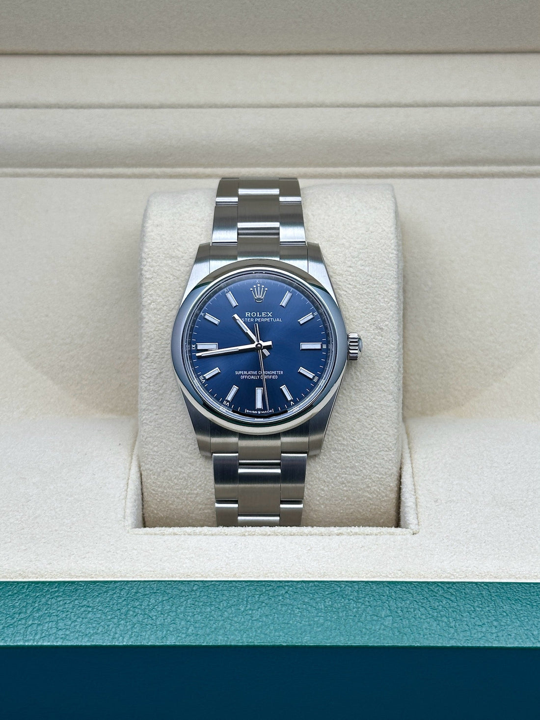 Rolex Oyster Perpetual 34 124200, 2023, blue index dial, Oyster bracelet