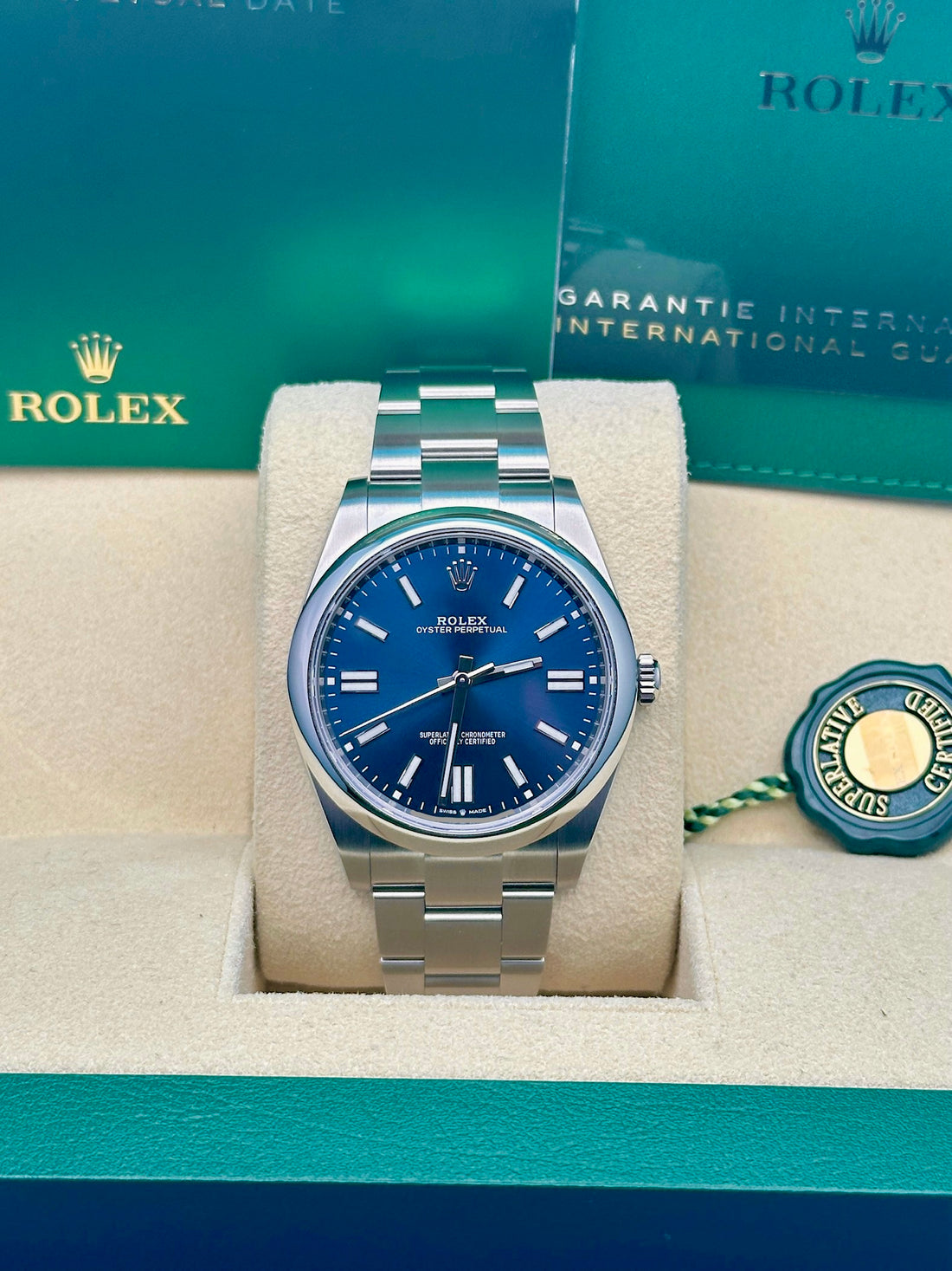 Rolex Oyster Perpetual 41 Watch - Domed Bezel - Blue Index Dial - Oyster Bracelet - 2020 Release - 124300 bluio