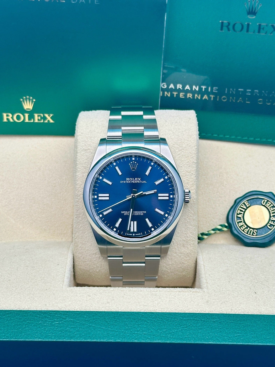 Rolex Oyster Perpetual 41 Watch - Domed Bezel - Blue Index Dial - Oyster Bracelet - 124300 bluio