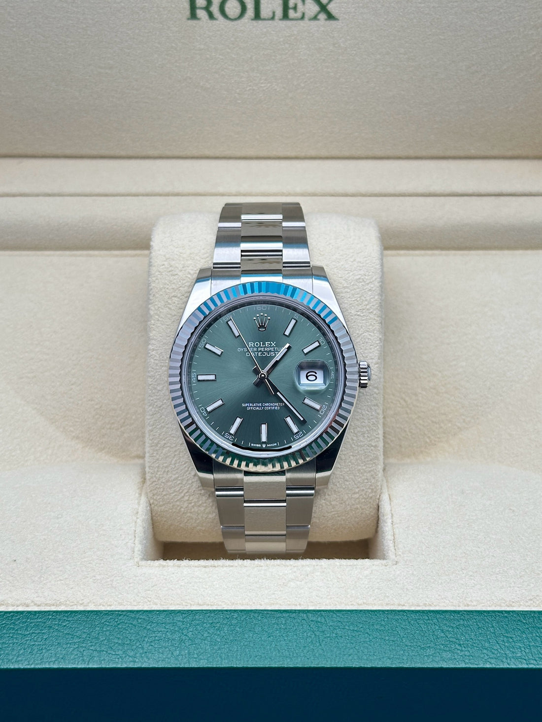 Rolex Datejust 41 126334, 2024, mint green index dial, Oyster bracelet