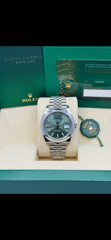 Rolex Steel Datejust 41  - Smooth Bezel - Mint Green Index Dial - Jubilee Bracelet - 126300 mgj