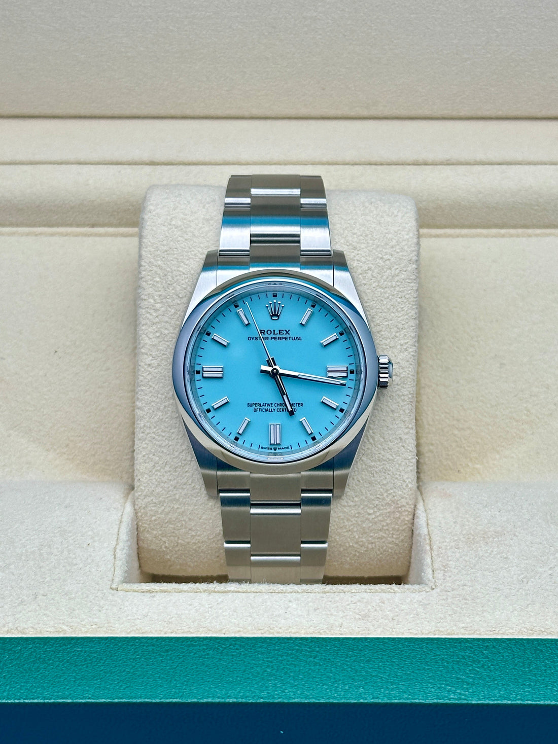 Rolex Oyster Perpetual 36 126000, 2024, turquoise blue index dial, Oyster bracelet