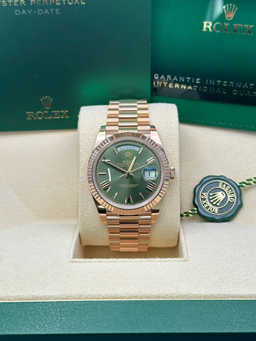 Rolex Day-Date 40 228235, 2024, olive green bevelled Roman dial, President bracelet