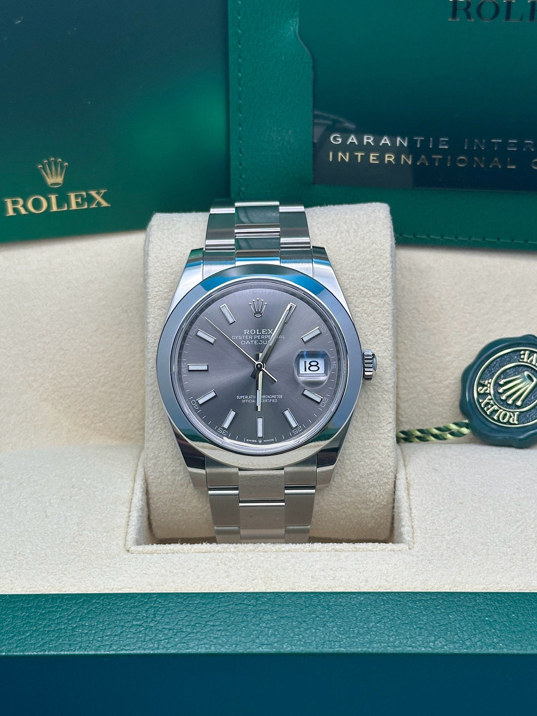 Rolex Steel Datejust 41 Watch - Smooth Bezel - Dark Rhodium Index Dial - Oyster Bracelet - 126300 dkrio