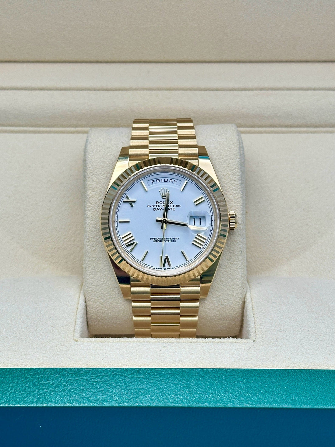 Rolex Day-Date 40 228238, 2024, white bevelled Roman dial, President bracelet