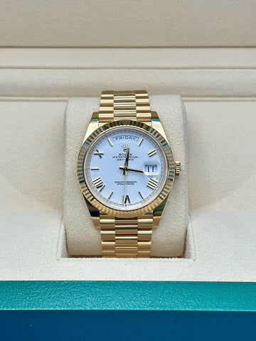 Rolex Yellow Gold Day-Date 40  - White Bevelled Roman Dial - President Bracelet - 228238 wrp