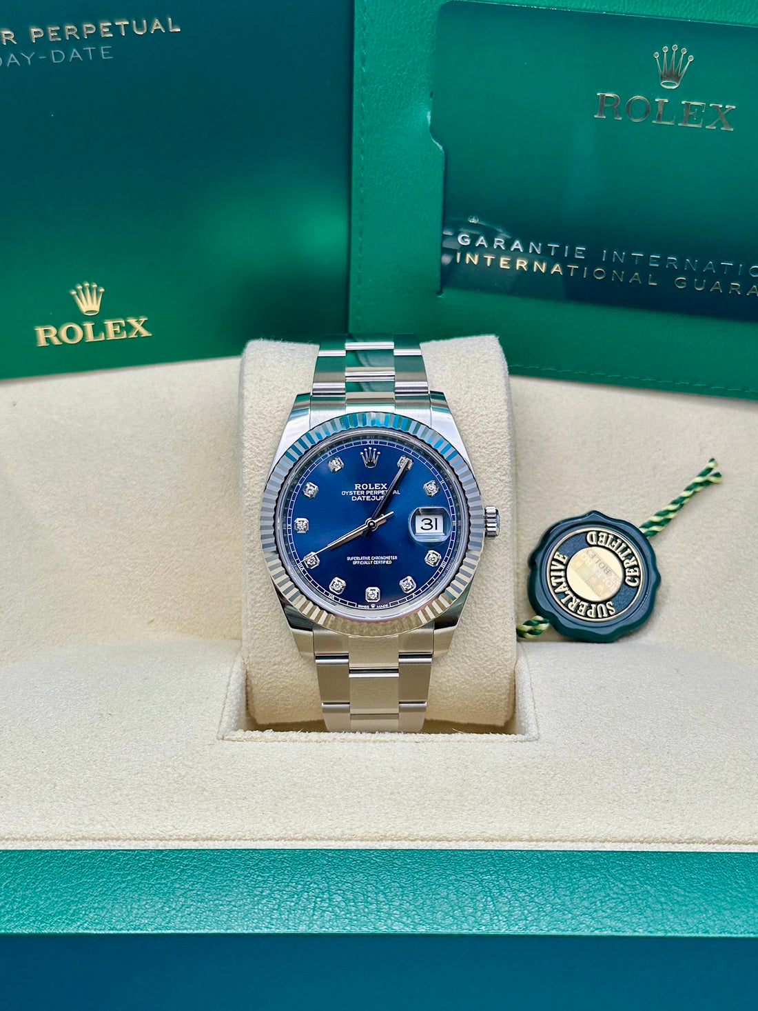 Rolex Steel and White Gold Rolesor Datejust 41 Watch - Fluted Bezel - Blue Diamond Dial - Oyster Bracelet - 126334 bldo