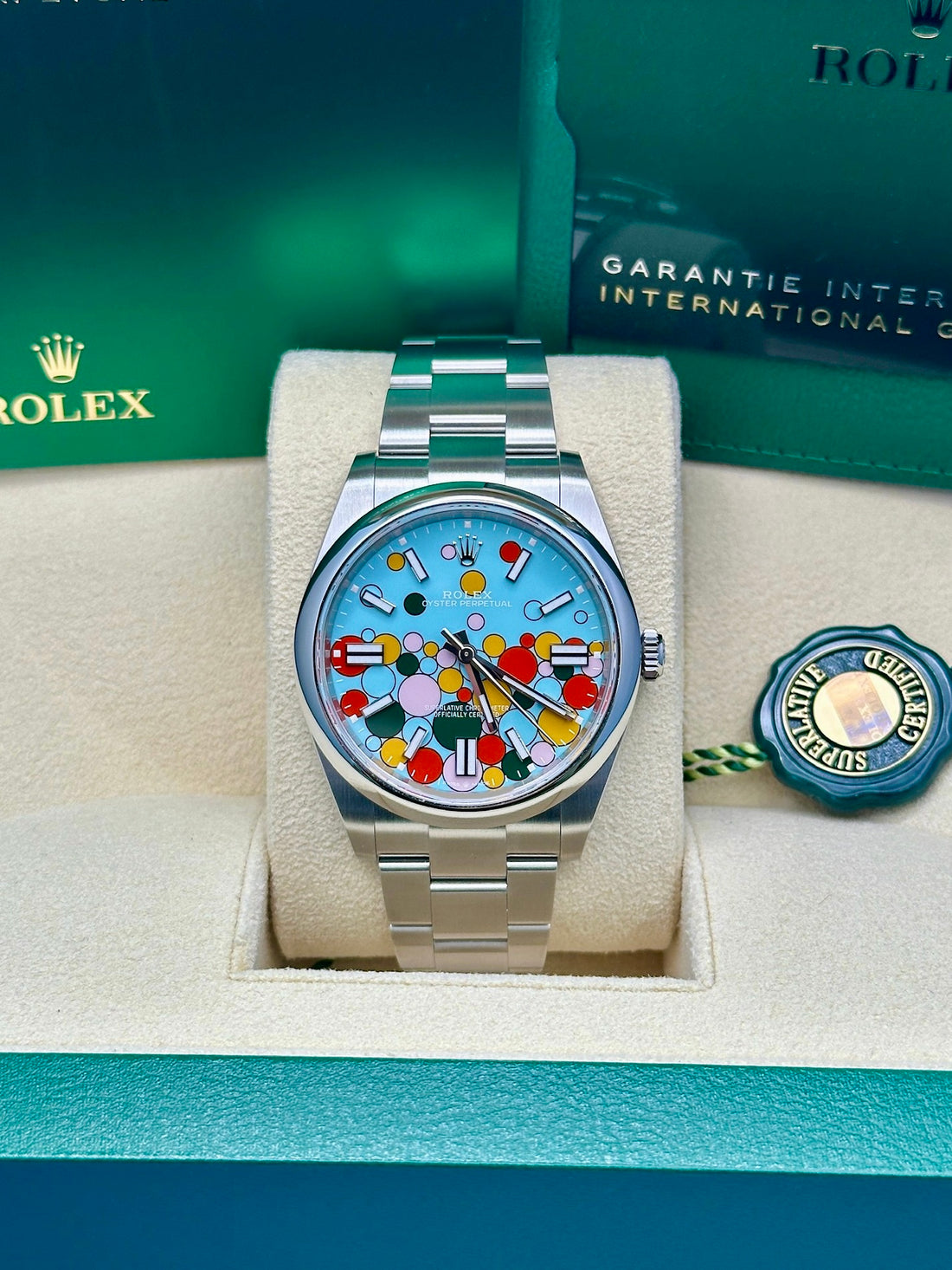 Rolex Oyster Perpetual 41 Turquoise Blue Celebration-motif Dial Stainless Steel Oyster 124300