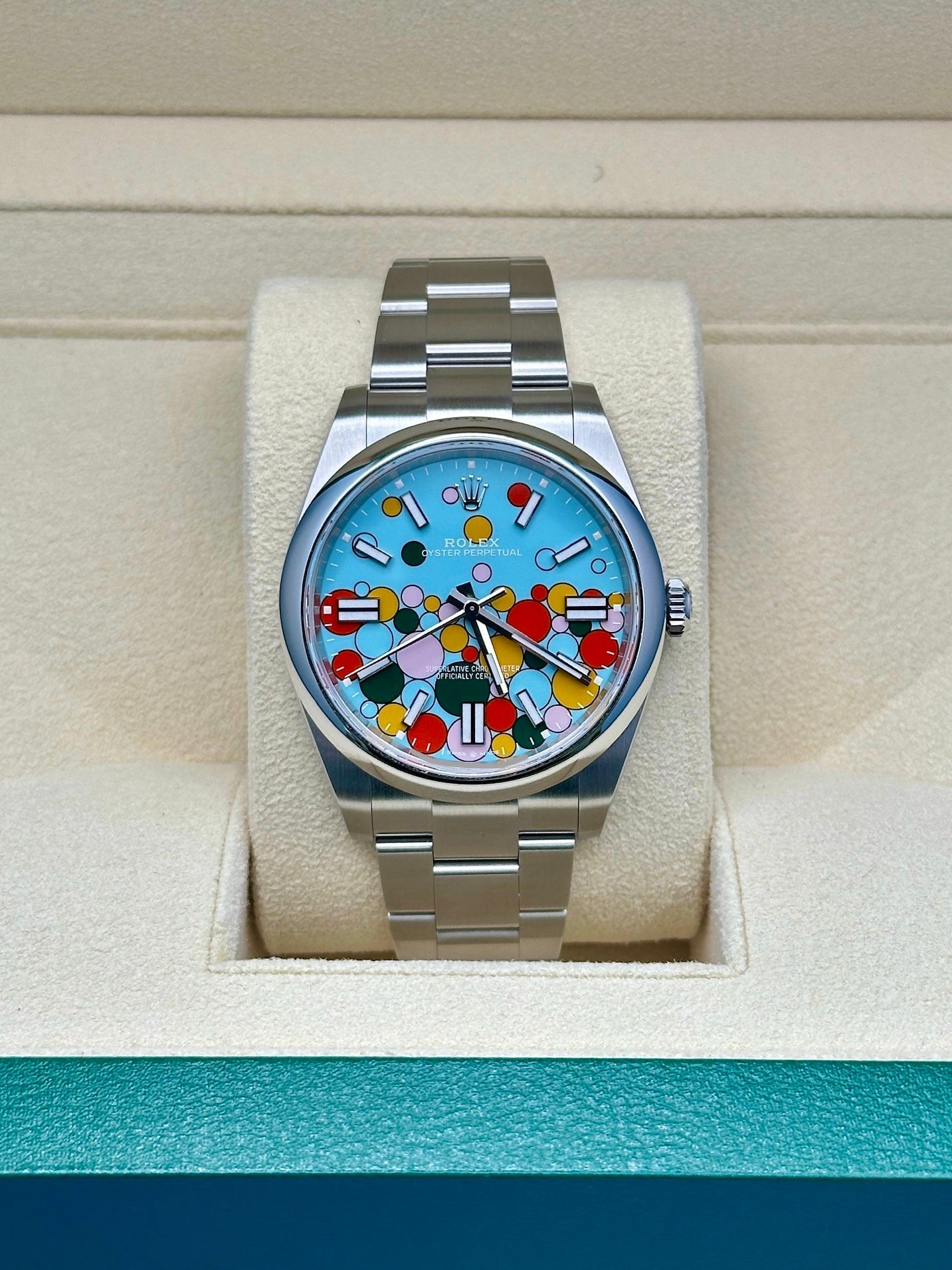 Rolex Oyster Perpetual 41 Turquoise Blue Celebration-motif Dial Stainl