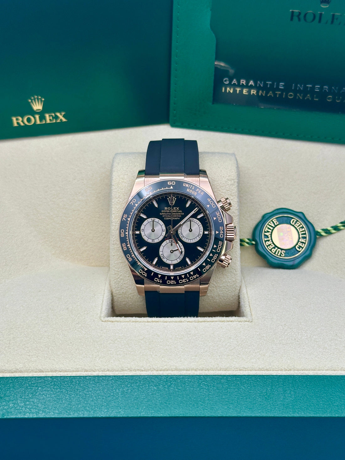 Rolex Everose Gold Cosmograph Daytona Watch - Black Cerachrom Bezel - Black And Sundust Index Dial - Oysterflex Strap - 126515ln bksuiof