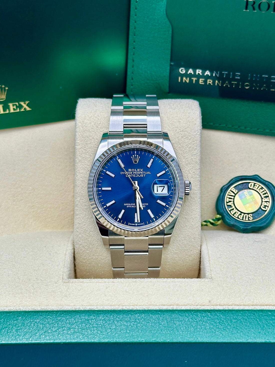 Rolex Steel Datejust 36 Watch - Fluted Bezel - Blue Index Dial - Oyster Bracelet - 2019 Release - 126234 blio