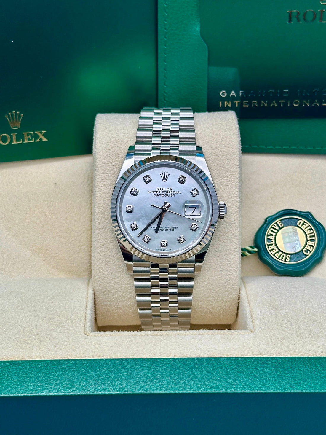 Rolex Steel Datejust 36 Watch - Fluted Bezel - Mother-of-Pearl Diamond Dial - Jubilee Bracelet - 2019 Release - 126234 mdj