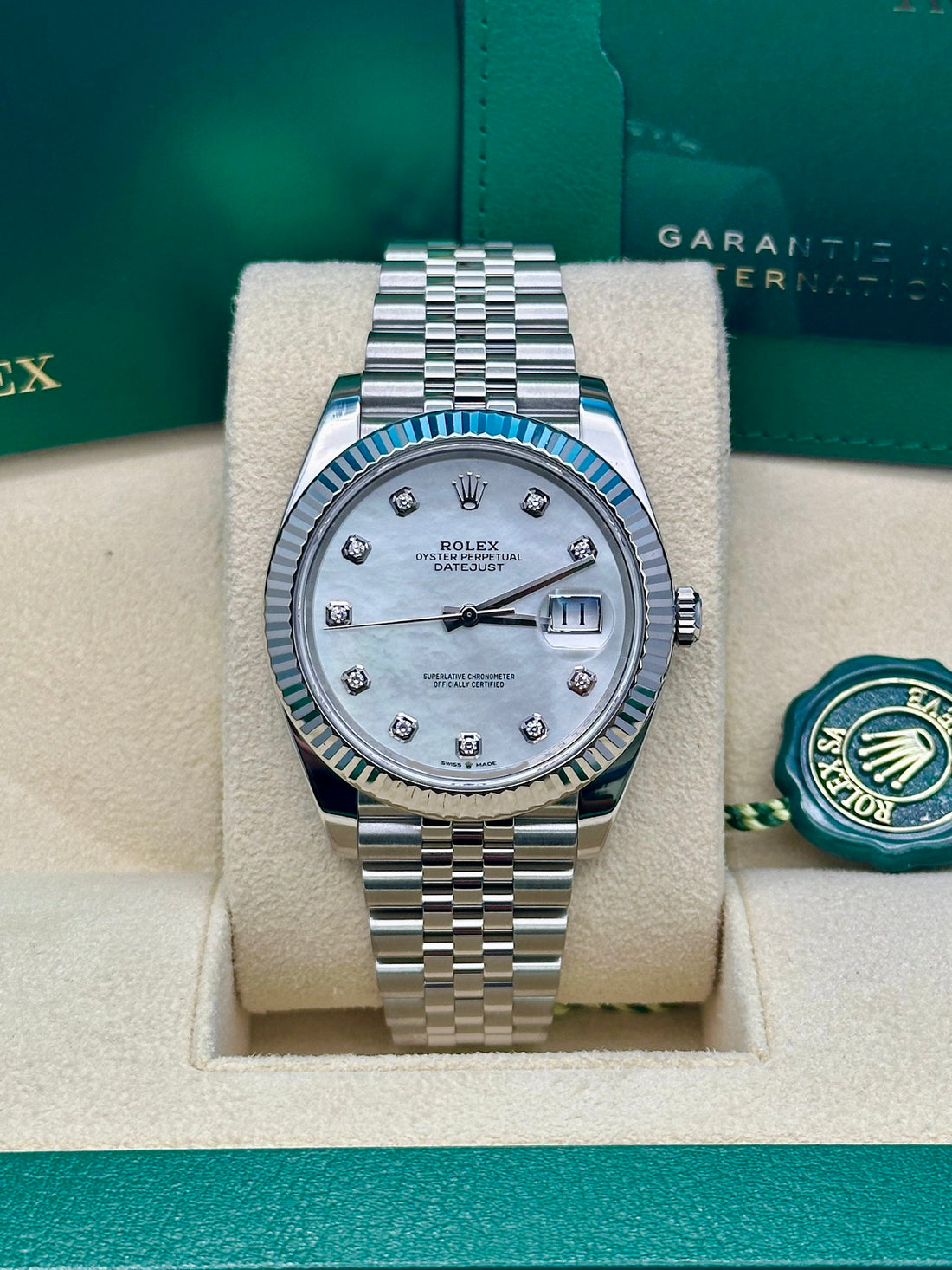 Rolex Steel and White Gold Rolesor Datejust 41 Watch - Fluted Bezel - White Mother-Of-Pearl Diamond Dial - Jubilee Bracelet - 126334 wmdj