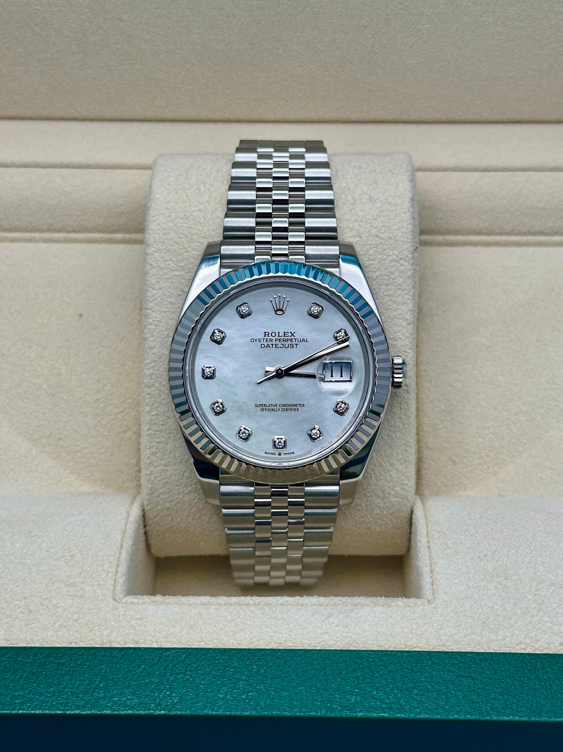 Rolex Datejust 41 126334, 2024, white mother-of-pearl diamond dial, Jubilee bracelet
