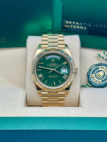 Rolex Day-Date 40 228238, 2024, green dial, President bracelet