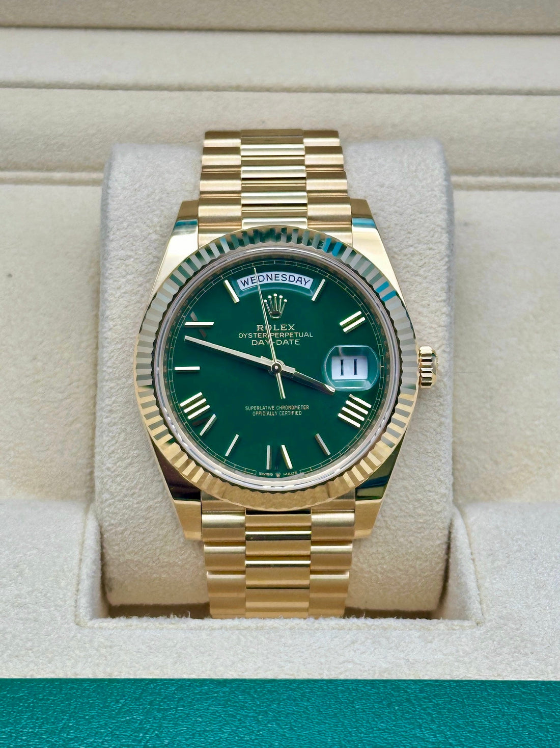 Rolex Day-Date 40 228238, 2024, green dial, President bracelet