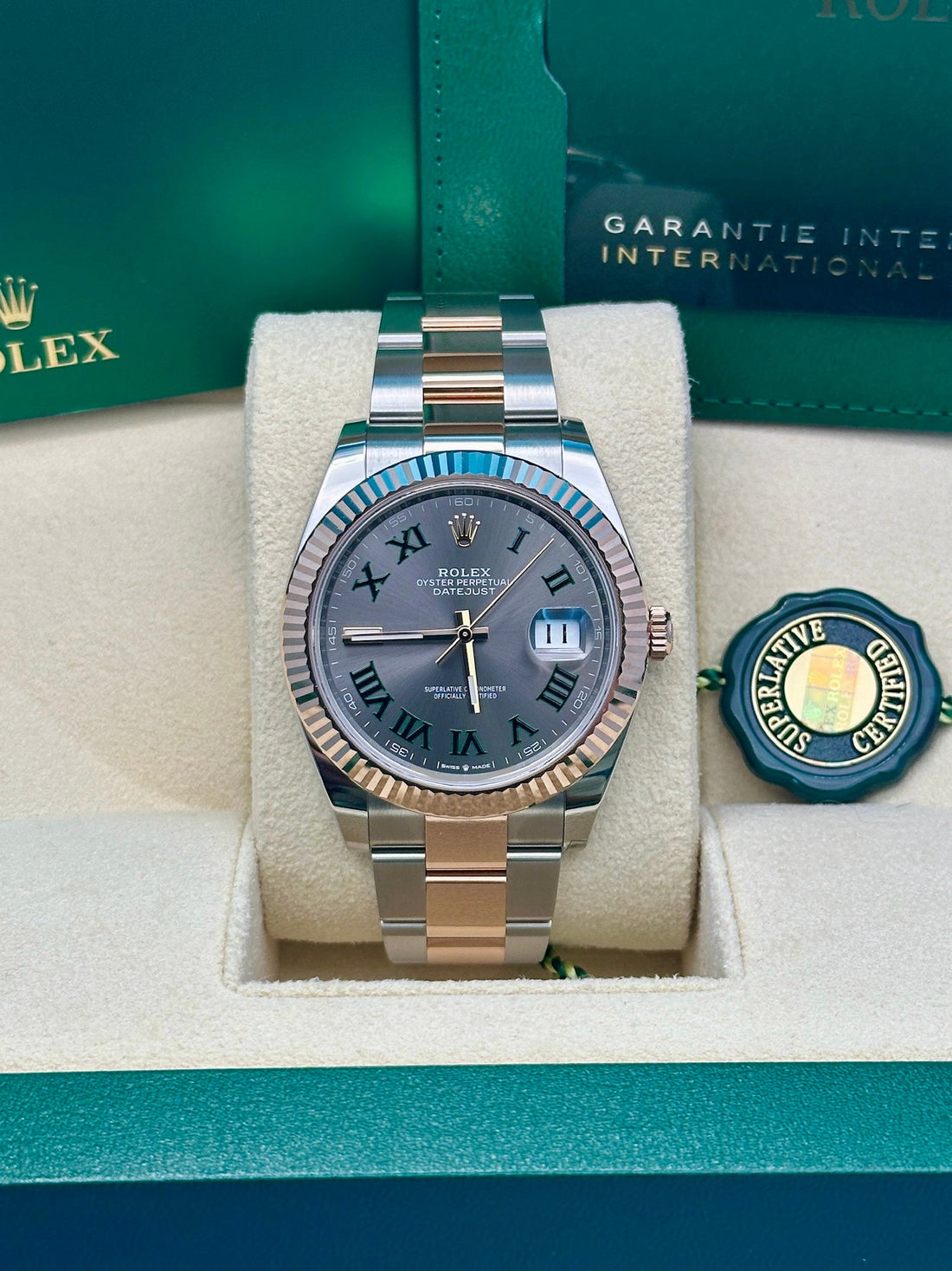 Rolex Steel and Everose Rolesor Datejust 41 Watch - Fluted Bezel - Slate Gray Green Roman Dial - Oyster Bracelet - 126331 slgro