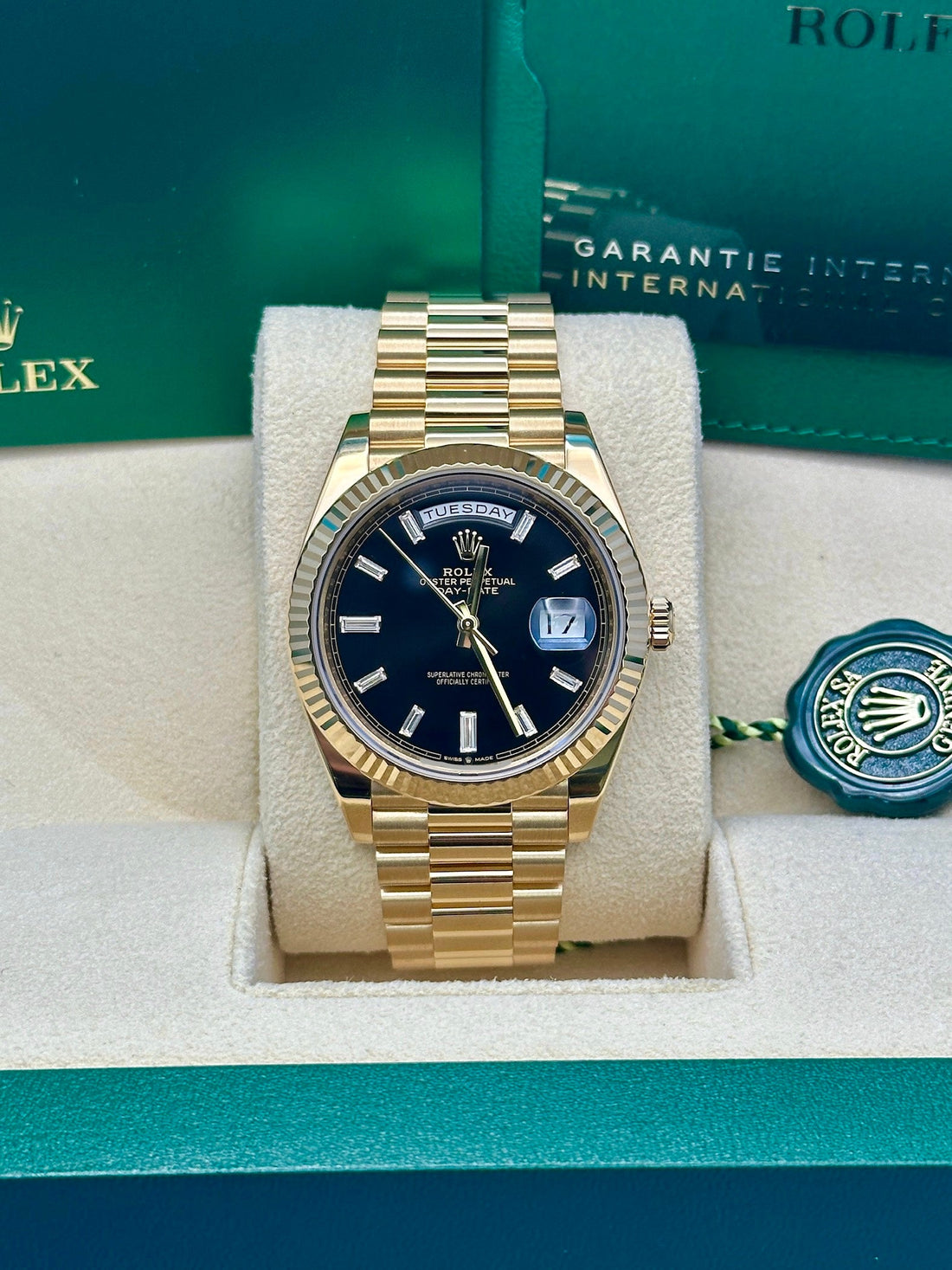 Rolex Yellow Gold Day-Date 40 Watch - Fluted Bezel - Black Baguette Diamond Dial - President Bracelet - 228238 bkbdp