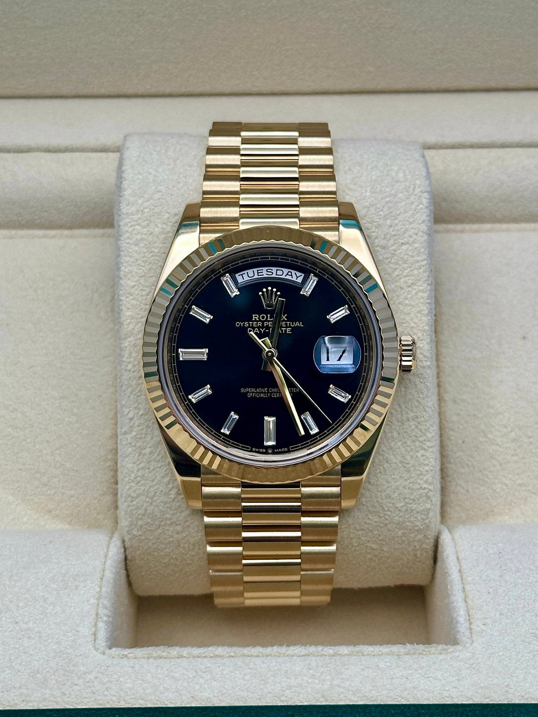 Rolex Day-Date 40 228238, 2024, black baguette diamond dial, President bracelet
